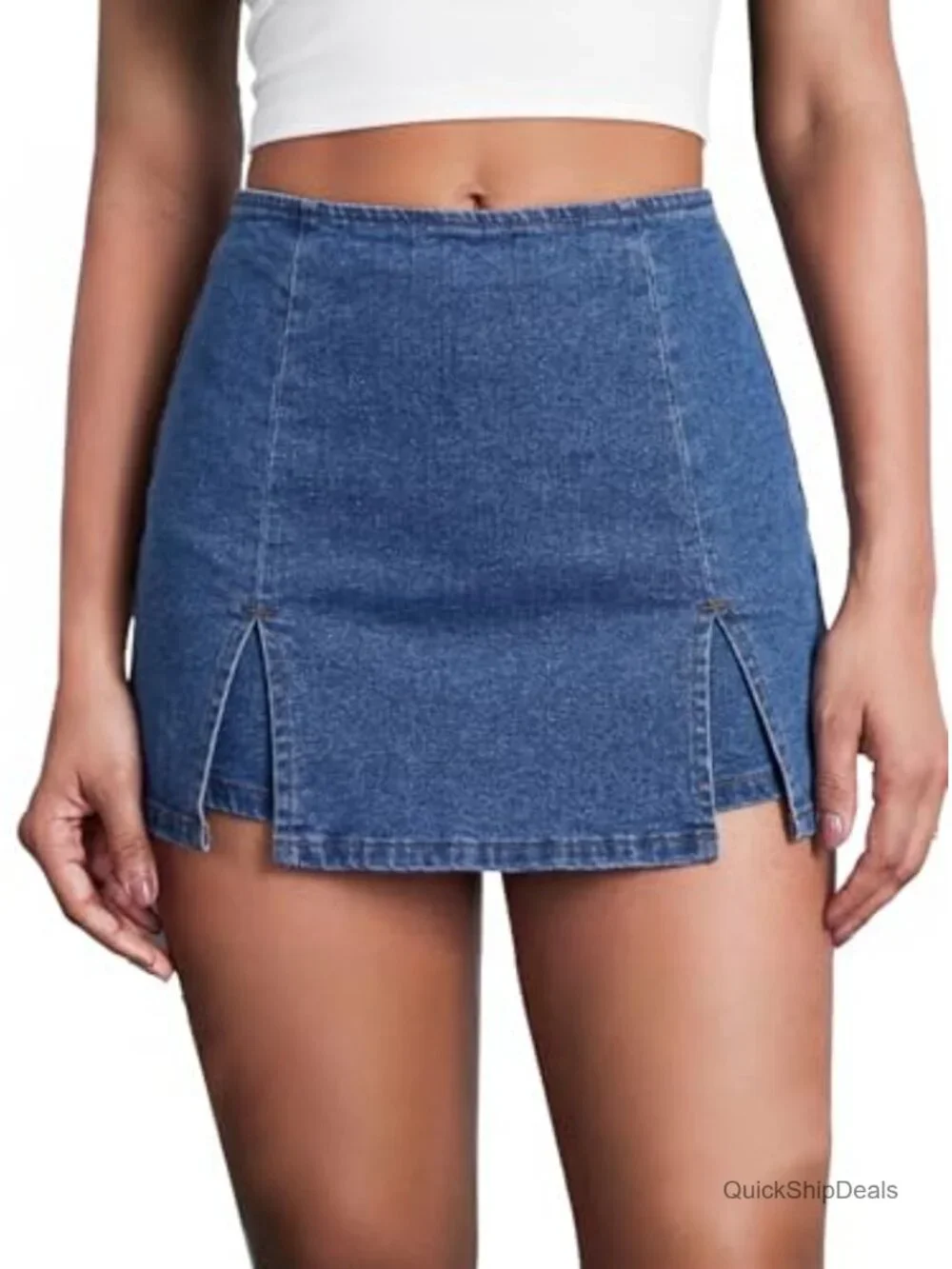 Women's Double Slit Denim Skort Bodycon Mini Jean Skirt High Waisted